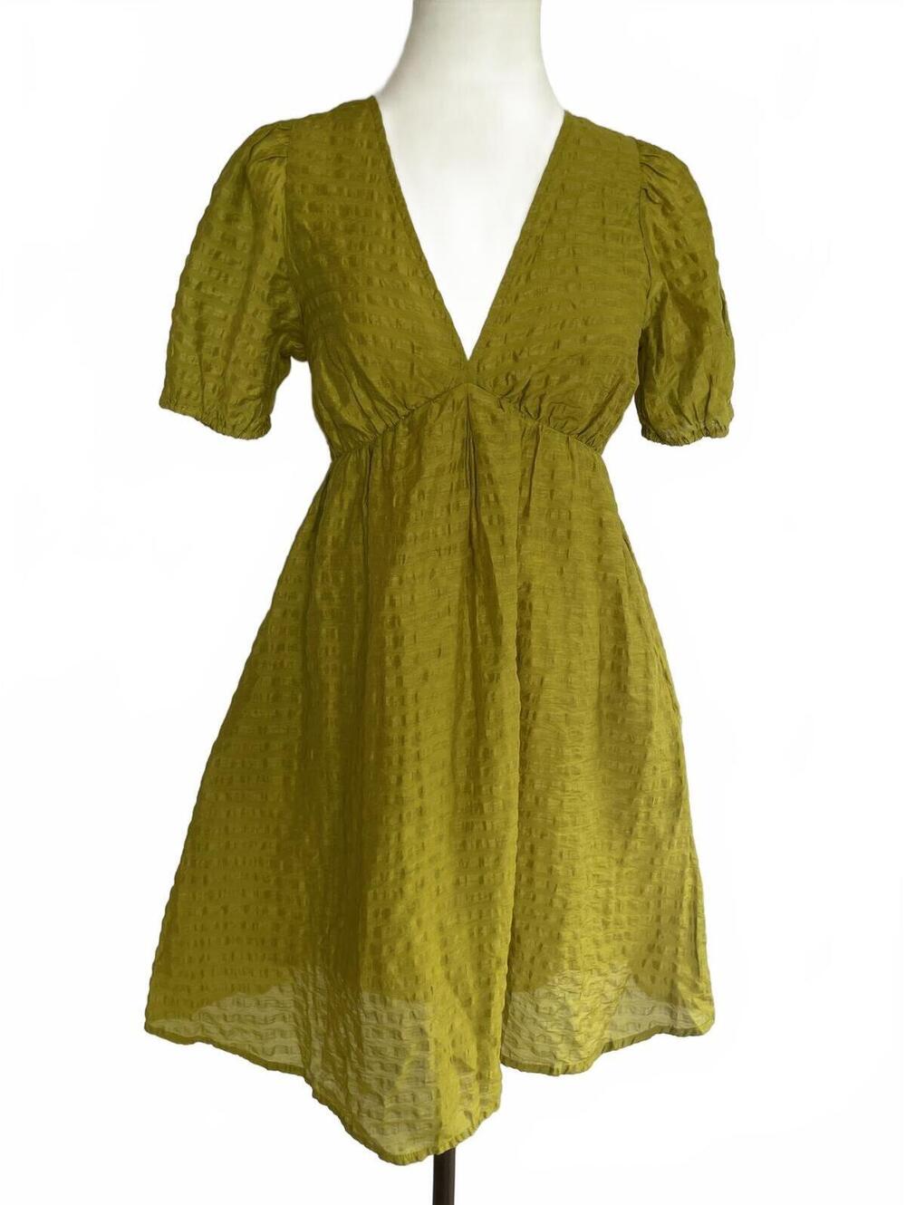 Madewell Green Textured Babydoll Mini Dress 00 Short Sleeve Cottagecore Feminine